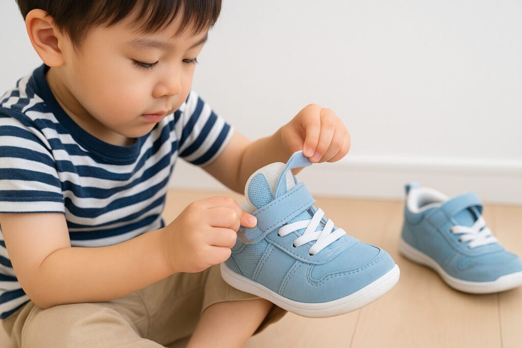 ベロ固定の子供スニーカーでの方法