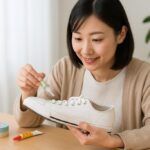 白いスニーカーのソール剥がれを100均の接着剤で修理している日本人女性が、明るい室内で慎重に作業している様子