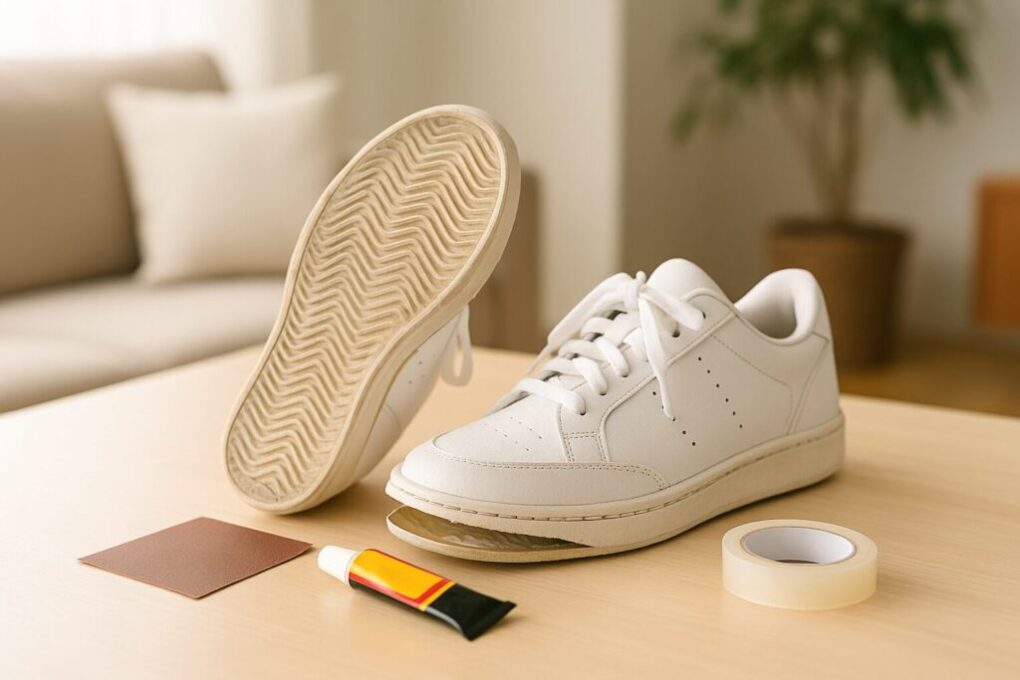 ✅代替テキスト（altテキスト）
白いスニーカーのソールが剥がれた状態で机の上に置かれ、横には100均の接着剤や紙やすり、テープが並ぶ修理準備の様子