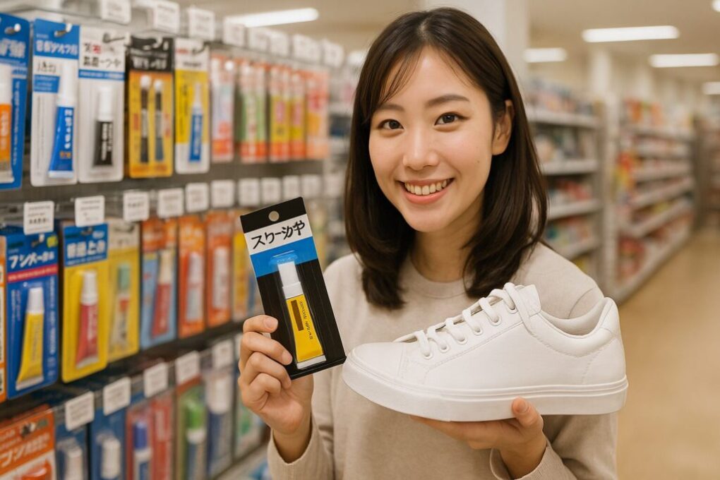✅代替テキスト（altテキスト）
セリアの店内で日本人女性が白いスニーカーと靴底接着剤を手に持ち、商品棚の前で紹介している様子