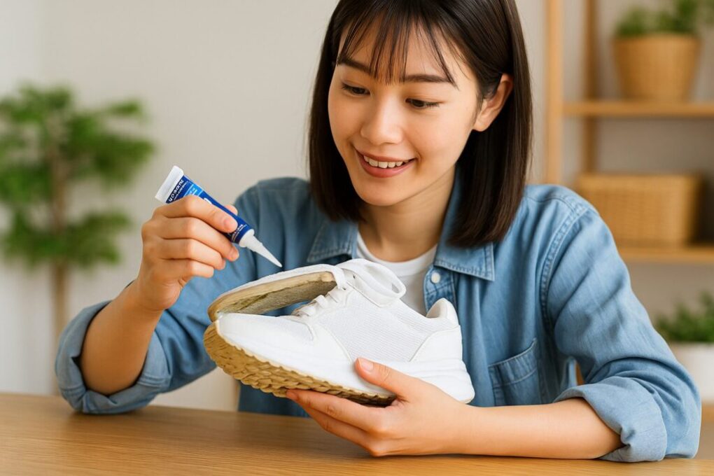 ✅代替テキスト（altテキスト）
日本人女性が机の上で白いスニーカーのソール剥がれ部分に100均の接着剤を丁寧に塗り、修理を実践している様子
