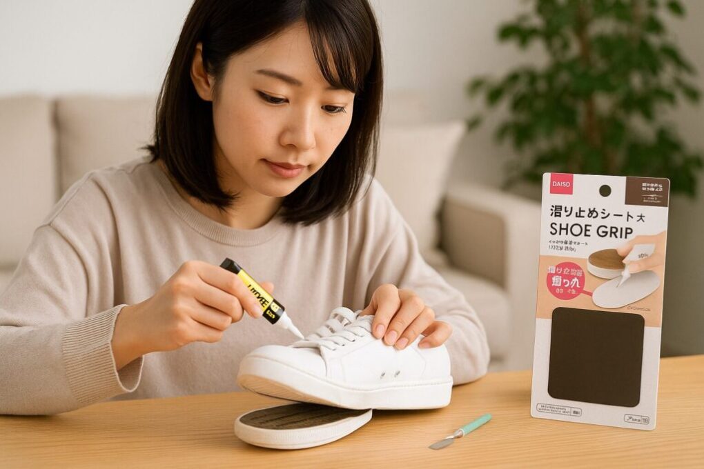 ✅代替テキスト（altテキスト）
日本人女性が机の上で白いスニーカーの靴底剥がれ部分にダイソーの接着剤を塗り、補修作業を進めている様子
