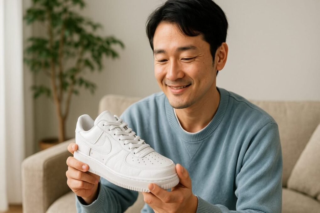 明るい部屋で日本人男性がソファに座り、手にした白いスニーカーを微笑みながら見つめている様子。