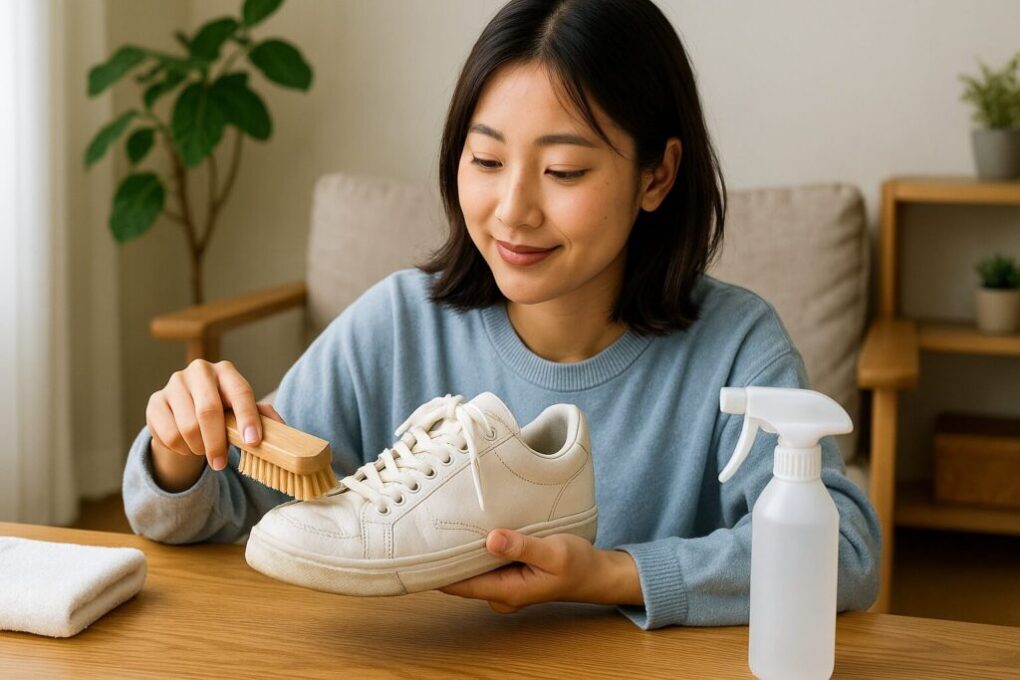 日本人女性が木製テーブルの上で白いスニーカーを手に持ち、ブラシで丁寧に汚れを落としている様子。横にスプレーボトルとタオルが置かれている。