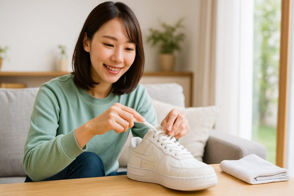 日本人女性が白いスニーカーの靴紐を結びながら、履きジワを気にせず快適に使えるよう工夫している様子。