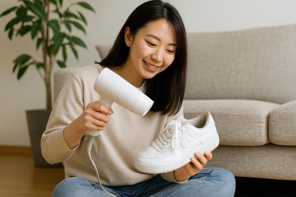 日本人女性が床に座り、白いスニーカーにドライヤーの温風を当ててシワを整えている様子。背景にソファと観葉植物があり、明るく清潔感のある雰囲気。