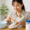 日本人女性が自宅のテーブルで白いスニーカーの赤カビをブラシで丁寧に落としている様子。清潔感のある室内で自然光が差し込み、洗浄用の道具も並んでいる。