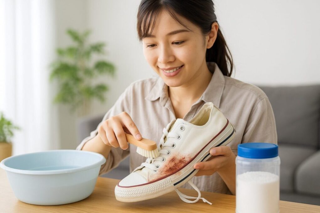 日本人女性が自宅のテーブルで白いスニーカーの赤カビをブラシで丁寧に落としている様子。清潔感のある室内で自然光が差し込み、洗浄用の道具も並んでいる。