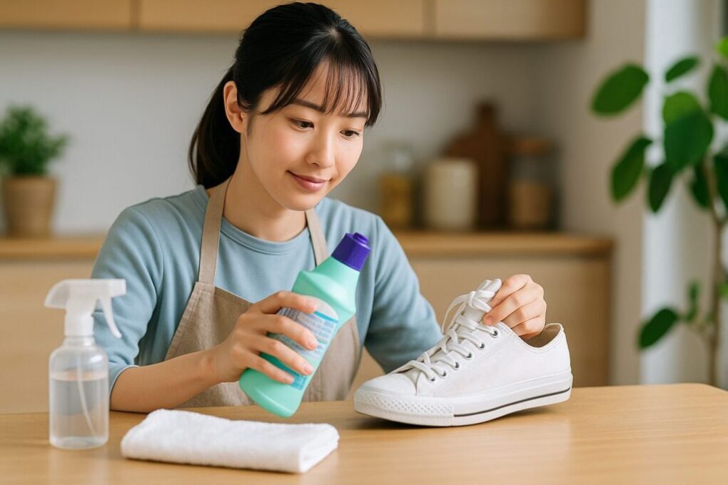 日本人女性が室内でワイドハイターを使い、白いスニーカーを丁寧に洗浄している様子。テーブルには布やスプレーボトルも置かれ、清潔感のある明るい雰囲気。