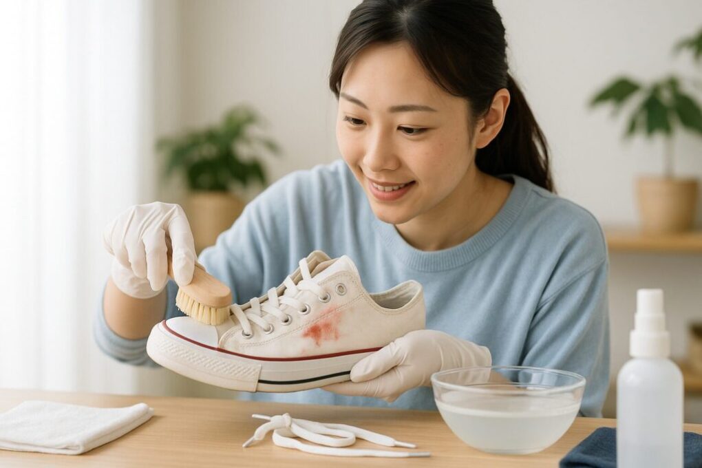 日本人女性が室内で白いスニーカーの赤カビをブラシで落としている様子。テーブルには水の入ったボウルや靴ひも、布が置かれ、明るく清潔感のある雰囲気。
