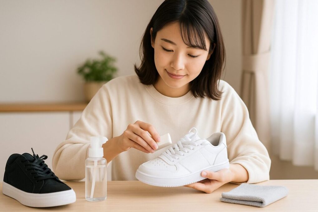 白いスニーカーを机の上で丁寧にクリーニングする日本人女性。隣には黒いスニーカーや洗浄道具が置かれ、明るく清潔感のある室内で自然な雰囲気が演出されている。