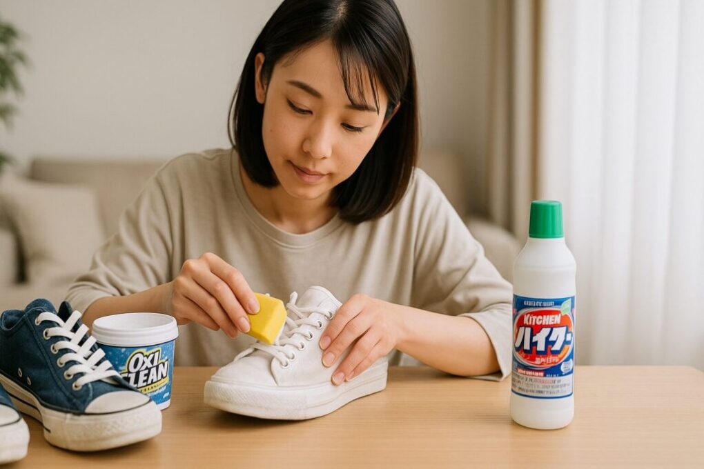 日本人女性が白いスニーカーを机の上でスポンジを使って洗浄している。隣にはオキシクリーンとキッチンハイターが置かれ、明るく清潔感のある室内で色移り落としの作業をしている様子。