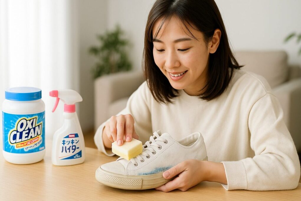 日本人女性が机の上で白いスニーカーをスポンジで丁寧に洗っている様子。横にはオキシクリーンとキッチンハイターが置かれ、明るく清潔感のある室内で実践的な雰囲気が漂っている。