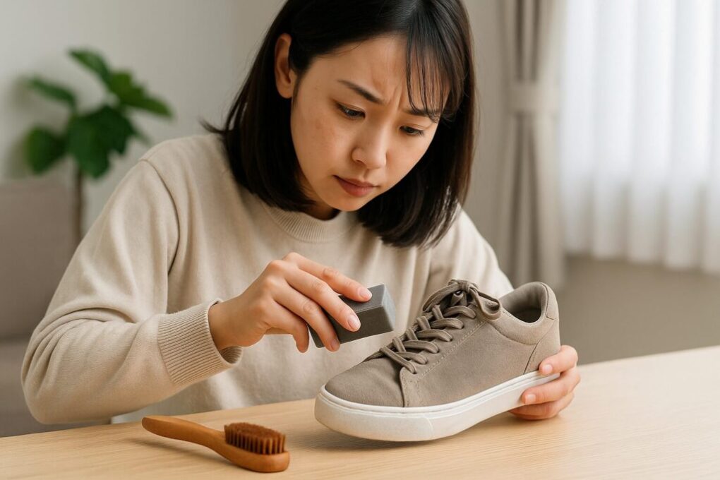 日本人女性が机の上でスエード素材のスニーカーを専用の消しゴムクリーナーで丁寧にこすり、色移りを落としている様子。横にはスエードブラシと防水スプレーが置かれ、明るく清潔感のある室内で自然光が差し込んでいる。