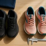 明るい木目の床に、オールブラックのランニングシューズとサーモンピンク×グリーンのランニングシューズを並べ、横にノギスと水筒、上にネイビーのウェアを置いた16:9のフラットレイ。清潔感のある自然光で、機能性比較の雰囲気を表現。