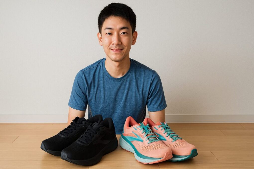 若い日本人男性が室内の木の床に座り、目の前に黒とピンクのブルックススニーカーを並べて微笑んでいる様子を写した写真。