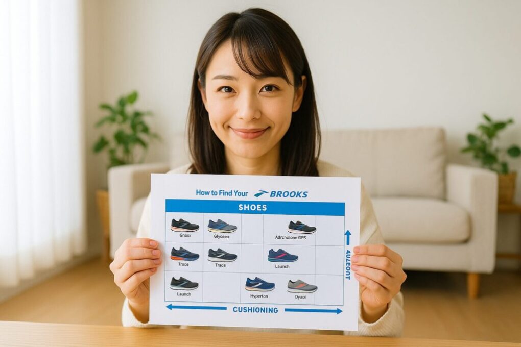 若い日本人女性が明るい室内で、ブルックスシューズチャートが印刷された用紙を手に持ち、笑顔で見せている様子を写した写真。