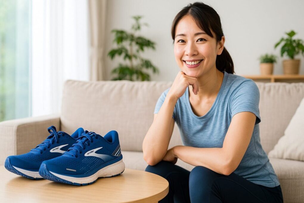 青いブルックスランニングシューズが木製テーブルに置かれ、その隣で日本人女性がソファに座り、明るく笑顔でポーズをとっている様子を写した写真。