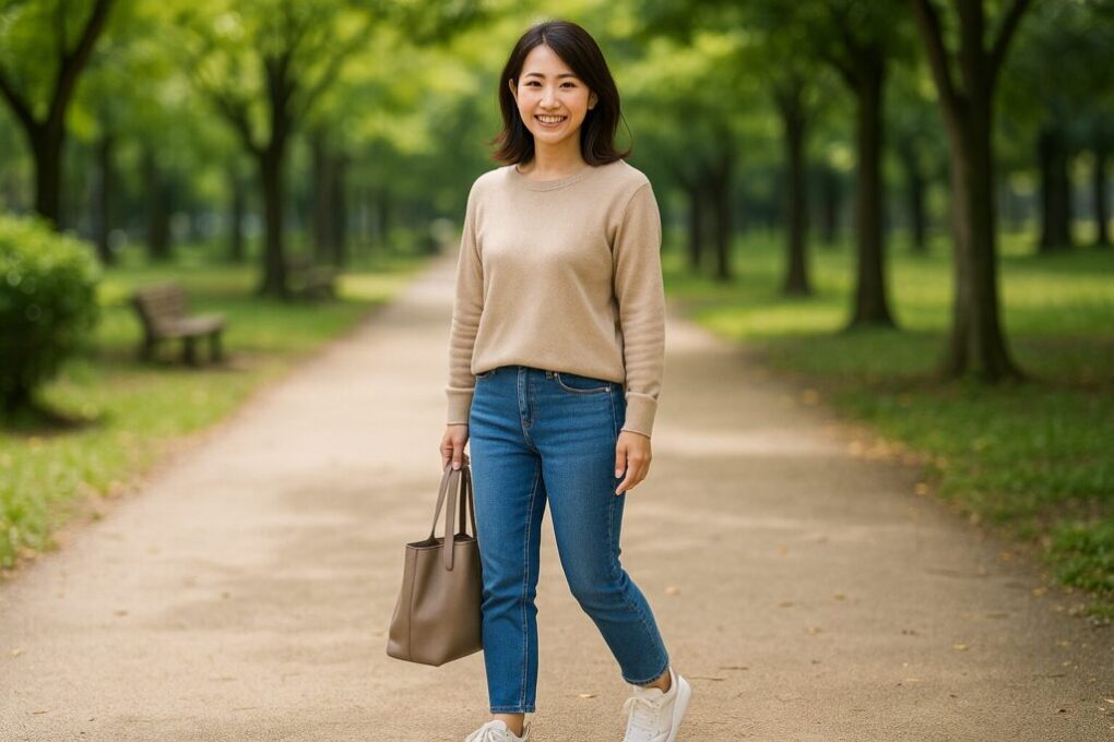 公園の並木道を歩く日本人女性が、ベージュのトップスとデニムに白いダイアナのスニーカーを合わせ、清潔感のある装いで微笑んでいる写真