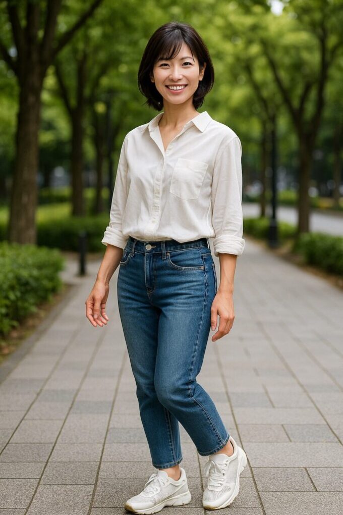 白いシャツとデニムに白いダイアナのスニーカーを合わせた日本人女性が、公園の並木道で明るく微笑んで立っている写真