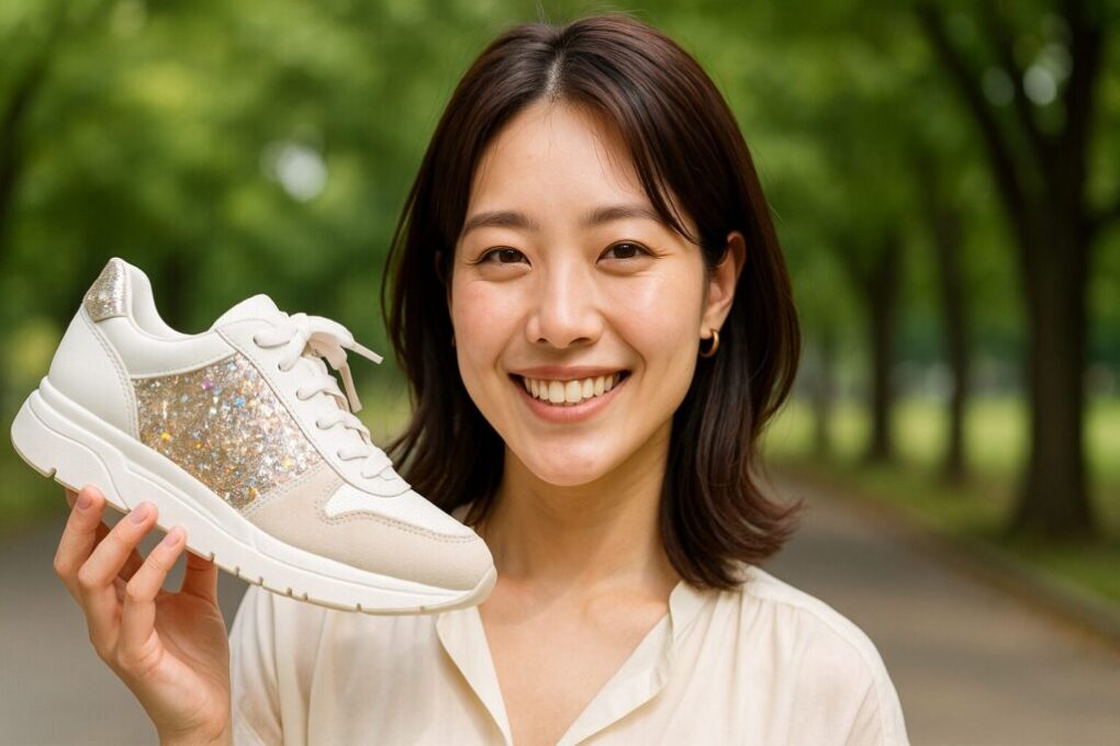 日本人女性が公園で笑顔を見せながら、キラキラしたデザインのダイアナスニーカーを手に持っている自然で清潔感のある写真