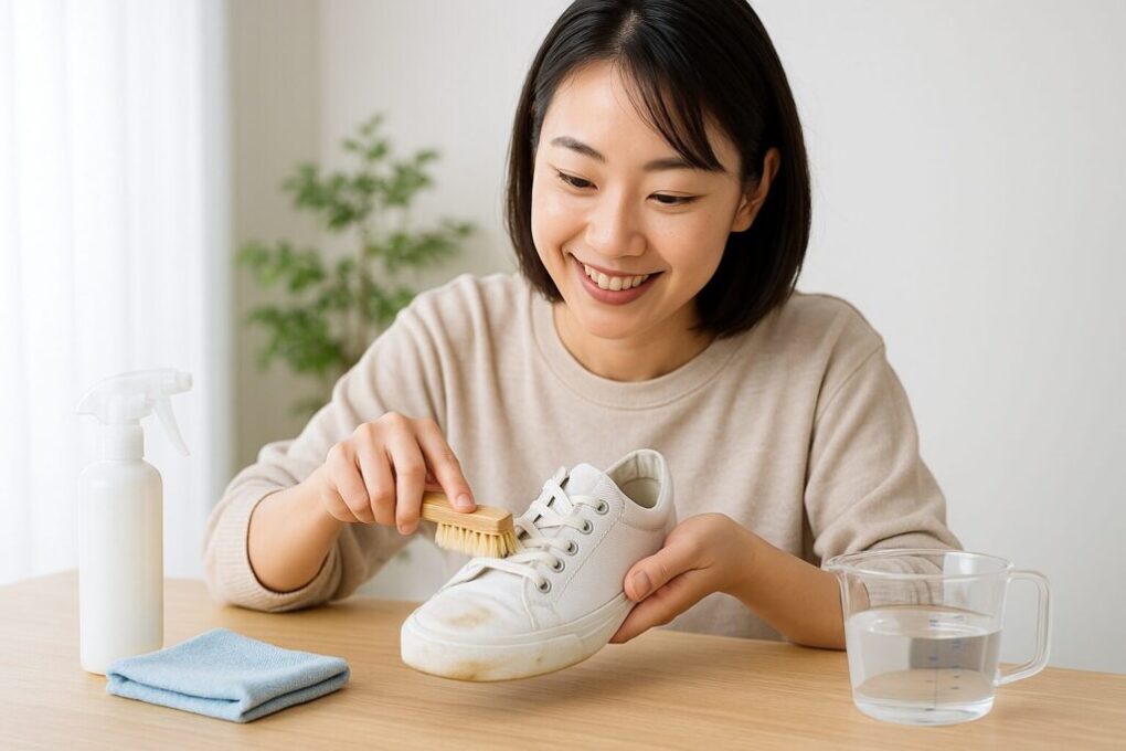 自宅のテーブルで日本人の女性が白いスニーカーの油汚れをブラシで落としている様子。横にはスプレーボトルと柔らかい布、中性洗剤を溶かした水の入った容器が置かれており、明るく清潔感のある室内。