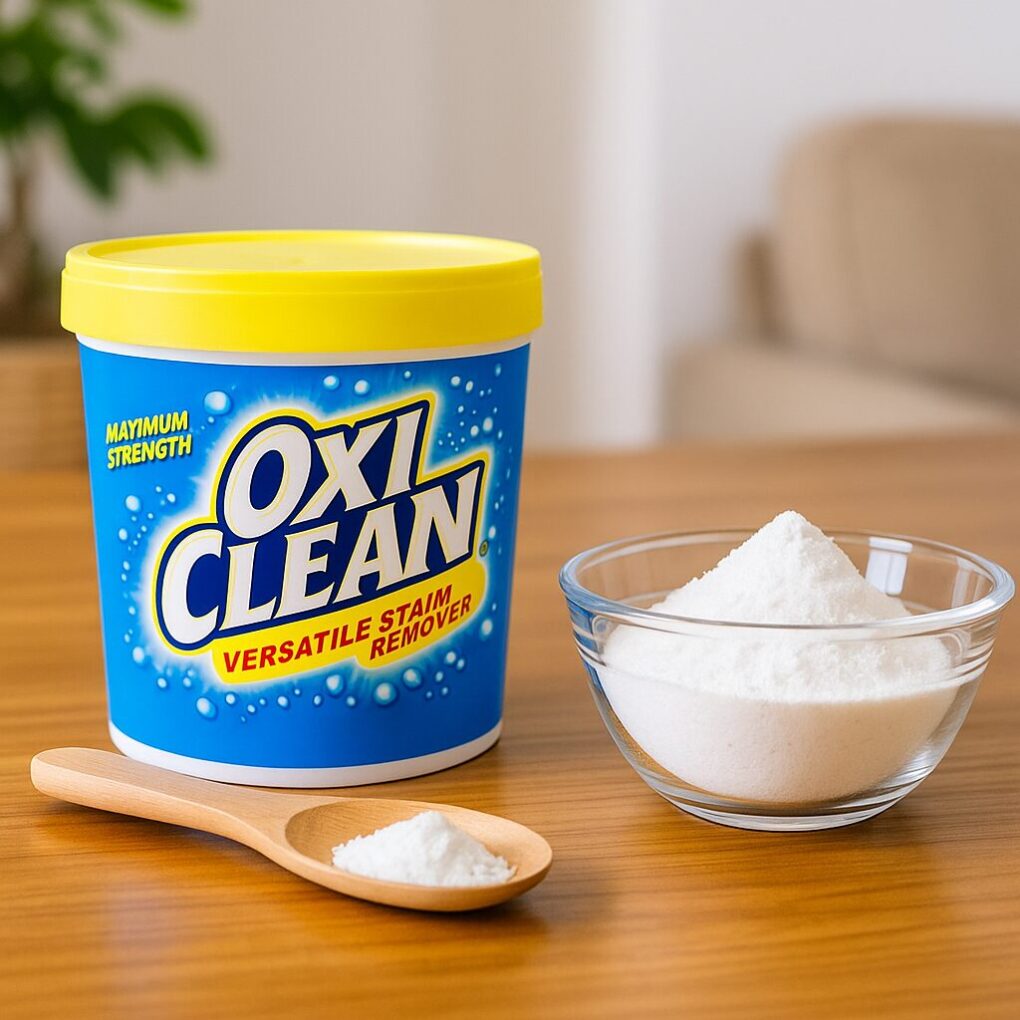 木製テーブルの上にオキシクリーンの容器と重曹の入ったガラスボウル、木のスプーンが並べられており、明るく清潔感のある室内で撮影された様子。