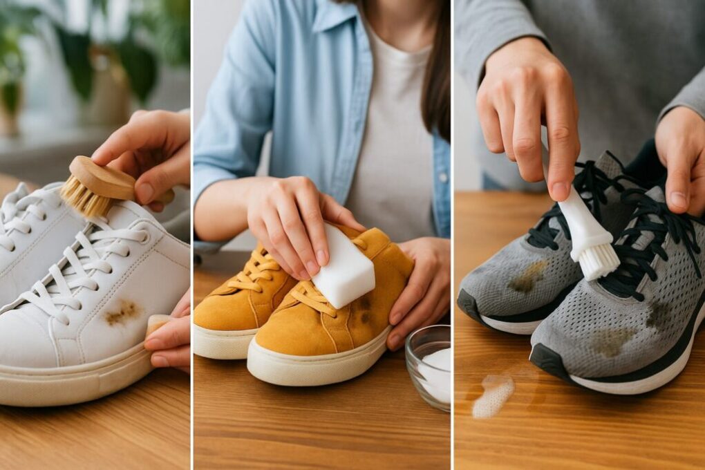 テーブルの上で白いレザースニーカー、黄色のスエードスニーカー、グレーのメッシュスニーカーをそれぞれブラシやスポンジを使って油汚れを落としている様子を示す3枚組の写真。自然光の差し込む明るい室内で撮影。