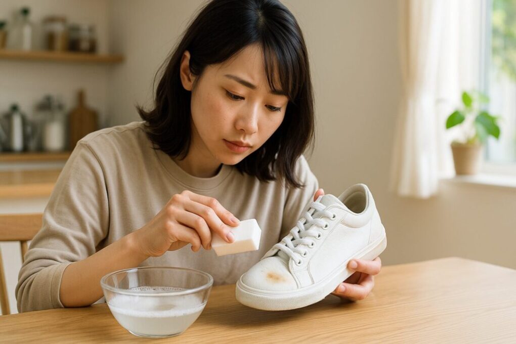 日本人女性が明るい室内で、時間が経ってシミになった白いスニーカーの油汚れをスポンジで丁寧に落としている様子。テーブルには洗浄用のボウルとタオルが置かれている。