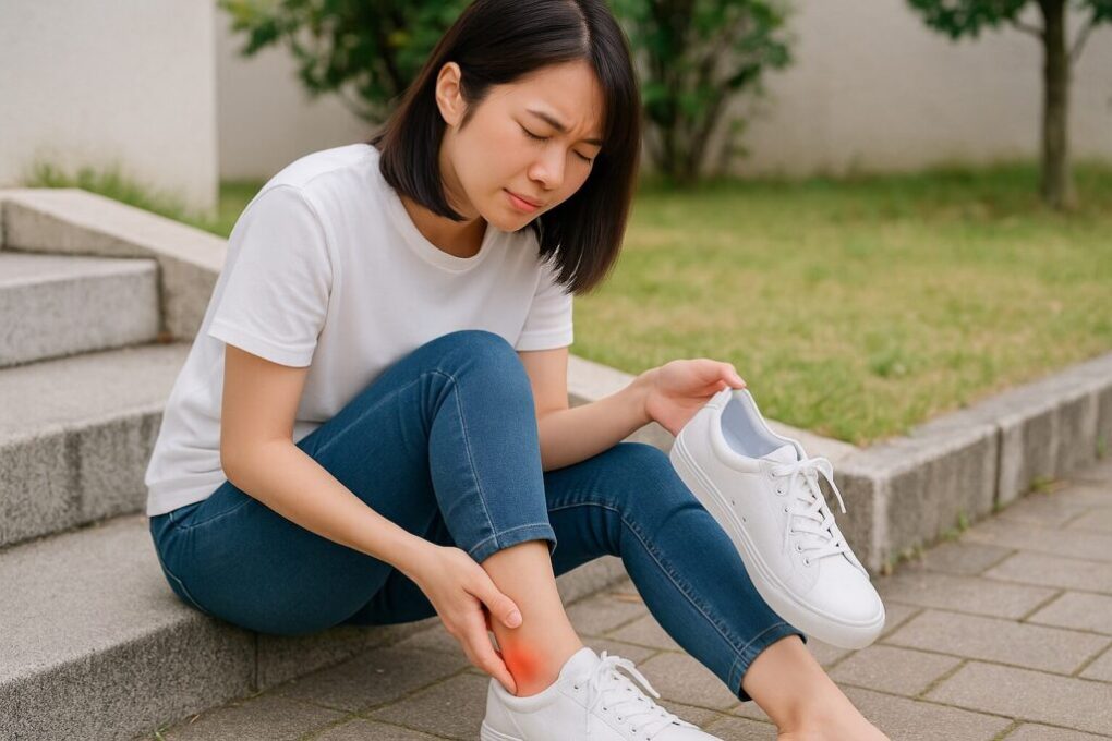 スニーカーを脱いで足首の後ろを押さえ、靴擦れの痛みに顔をしかめる日本人女性が屋外の階段に座っている様子。