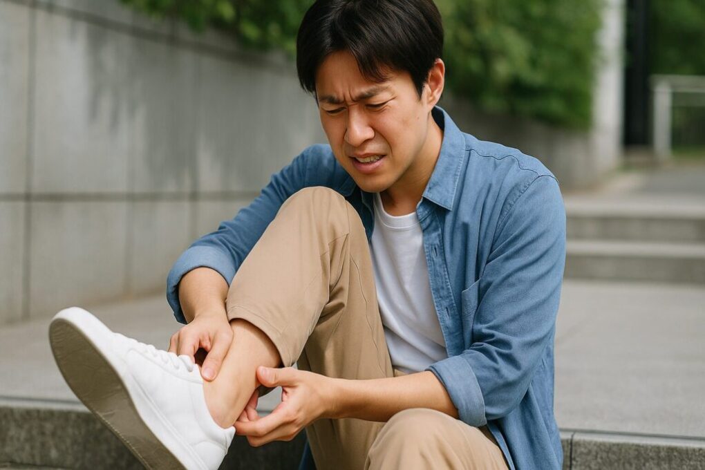 屋外の階段に座り、スニーカーで足首の後ろを押さえて靴擦れの痛みに苦しむ日本人男性の様子。