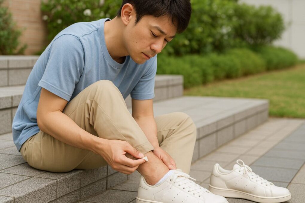 屋外の階段に座った日本人男性が足首の後ろに絆創膏を貼り、スニーカーによる靴擦れの予防と治療をしている様子。