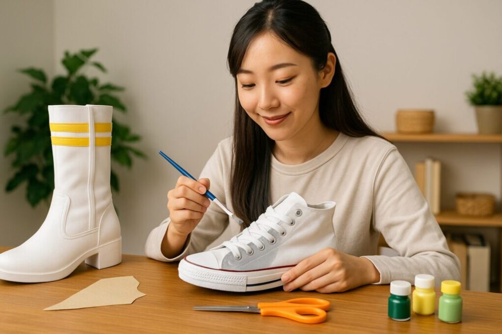日本人女性が作業机でスニーカーに布を貼り塗装しながらコスプレ靴を制作している様子