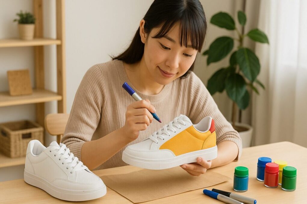日本人女性が白いスニーカーに色を塗り、コスプレ靴として仕上げている作業風景
