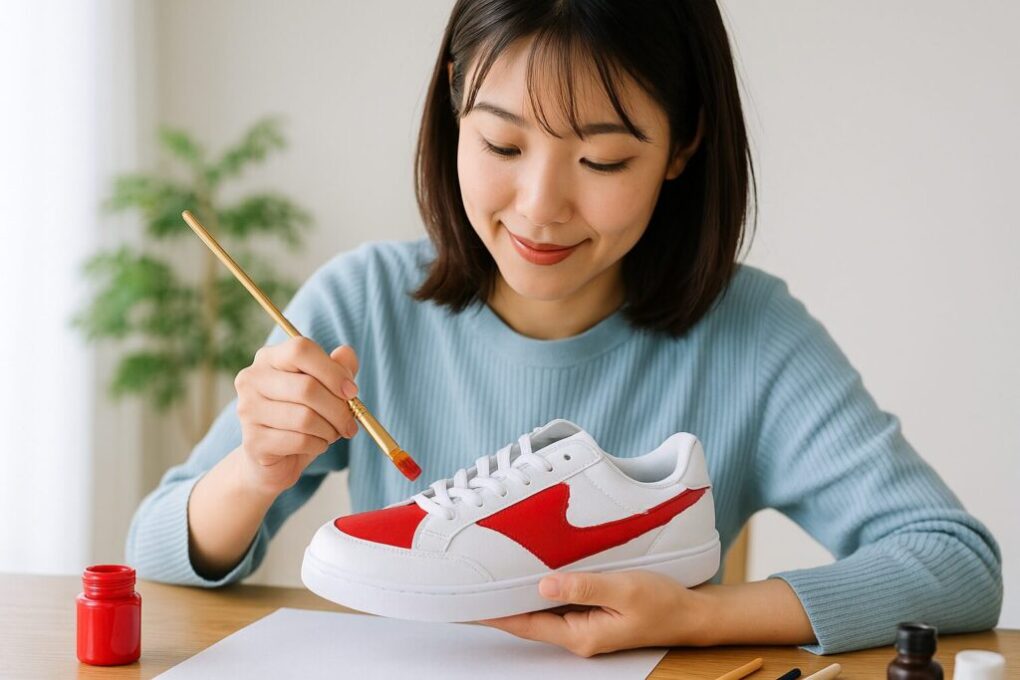 コスプレ靴の塗装で色を変える作業をしている日本人女性が、白いスニーカーに赤い塗料を丁寧に塗っている様子。明るく清潔感のある雰囲気の作業風景。