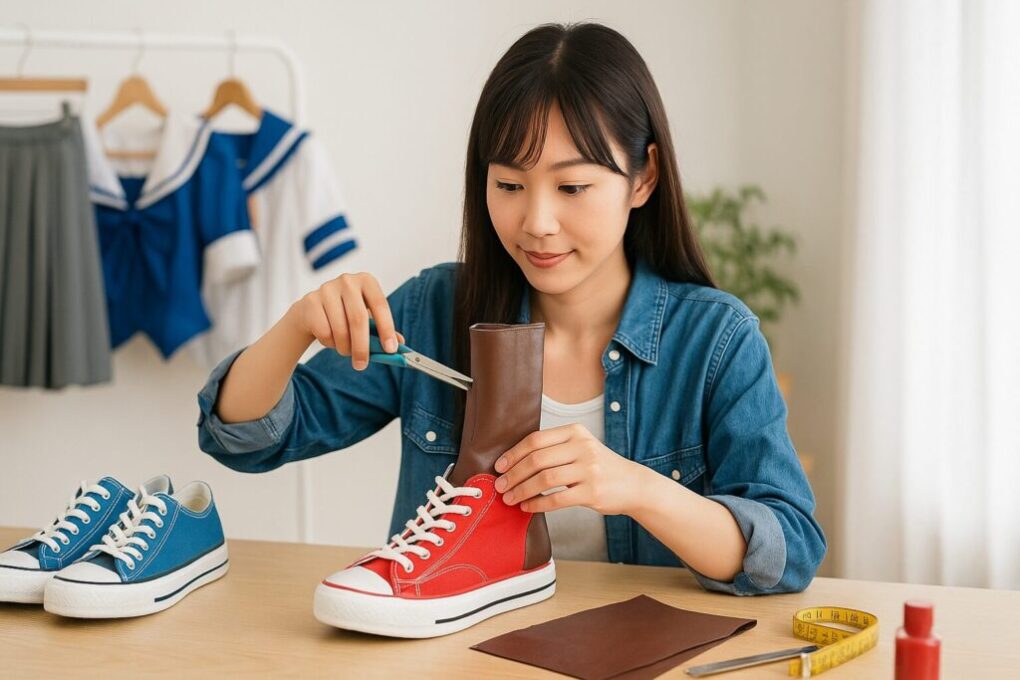 日本人女性が赤いスニーカーに革素材を縫い付け、コスプレ靴を作っている作業風景