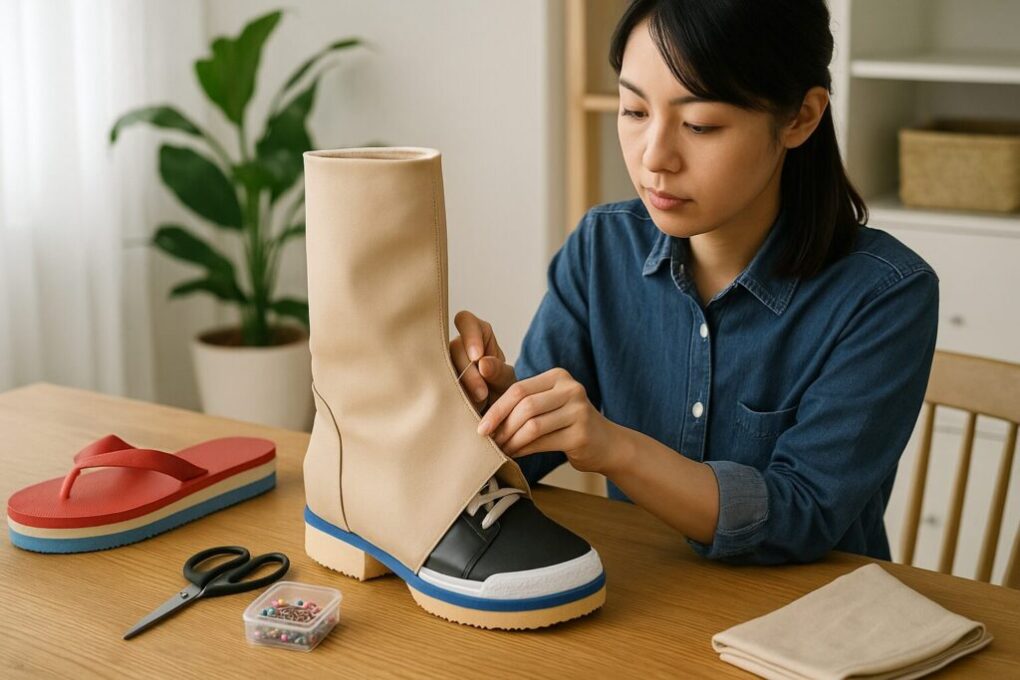 日本人女性が短靴に布をかぶせてブーツカバーを作り、厚底加工を施している作業風景