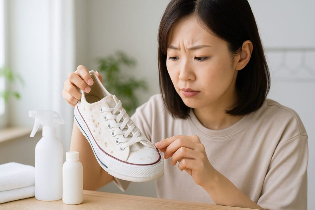 白いスニーカーの側面に茶色い斑点がつき、日本人女性が手に取りながら真剣に観察している様子。テーブルには洗浄用のスプレーボトルや小瓶が置かれ、背景は明るく清潔感のある室内。