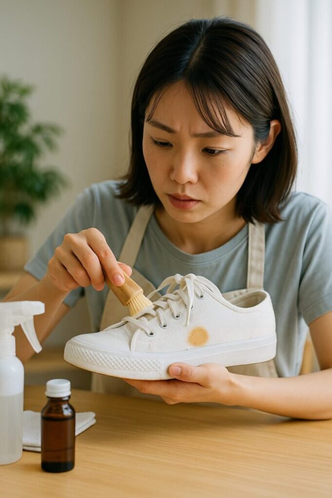 日本人女性が白いキャンバススニーカーにできた茶色い輪ジミを確認しながら小さなブラシで丁寧に掃除している様子。テーブルにはスプレーボトルや布、瓶が置かれ、清潔感のある室内で自然光が差し込んでいる。