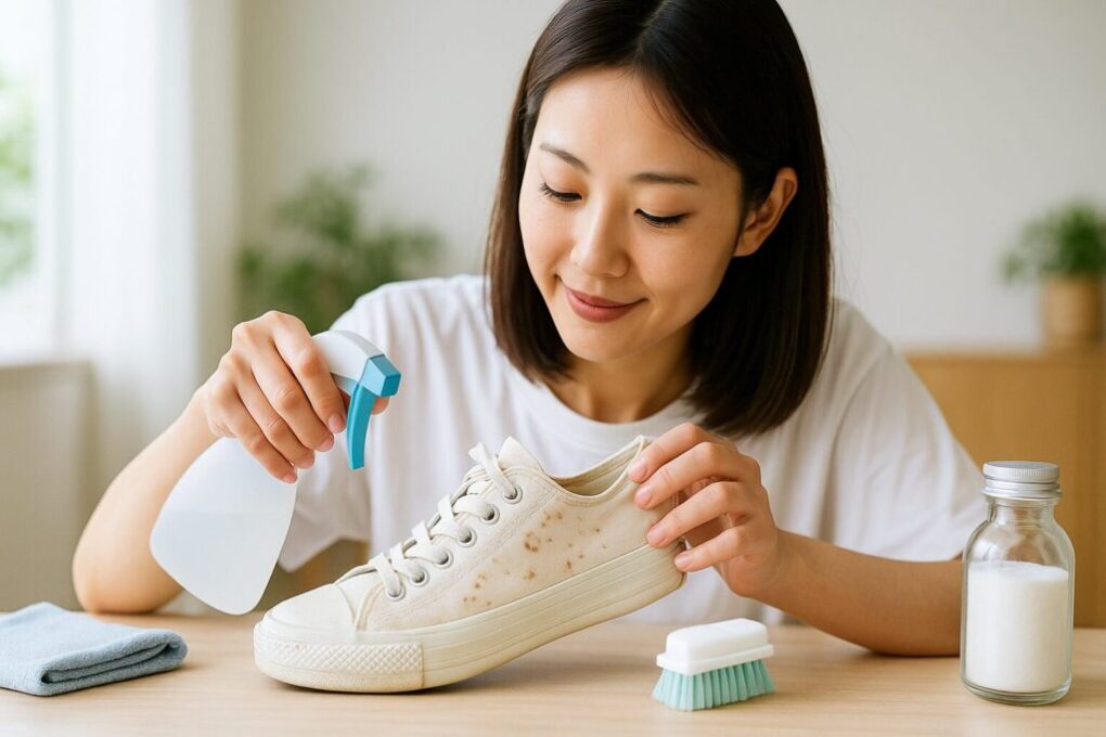 日本人女性がテーブルで白いスニーカーにできた茶色い斑点をスプレーボトルと布を使って丁寧に手入れしている様子。横にはブラシと洗浄用の瓶が置かれ、清潔感のある明るい室内で行われている。