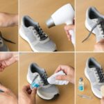 明るい木目のテーブルで、日本人の手がスニーカーの中敷きを外して交換する手順を順に示す横長16:9の写真。靴ひもを緩め、ドライヤーで温め、つま先側から中敷きを持ち上げ、接着剤残りを拭き取り、新しい中敷きをハサミで微調整して差し込む様子を自然光で清潔感ある雰囲気で表現。