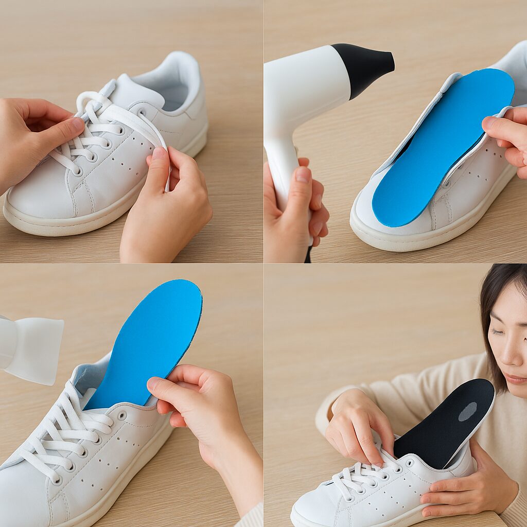 日本人の手が白いスニーカーの中敷きを外す基礎的な手順を示す4枚組の写真。靴ひもを緩め、ドライヤーで温め、中敷きを少し持ち上げ、最後に新しい中敷きを差し込む流れを、明るい木目テーブル上で自然光のもと清潔感ある雰囲気で表現。