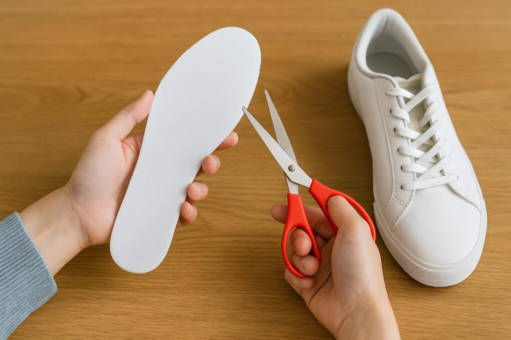 日本人の手が白いインソールを持ち、赤いハサミでサイズ調整のために切ろうとしている様子を写した横長16:9の写真。横には白いスニーカーが置かれ、明るい木目調のテーブル上で自然光に照らされ、清潔感ある雰囲気で表現。