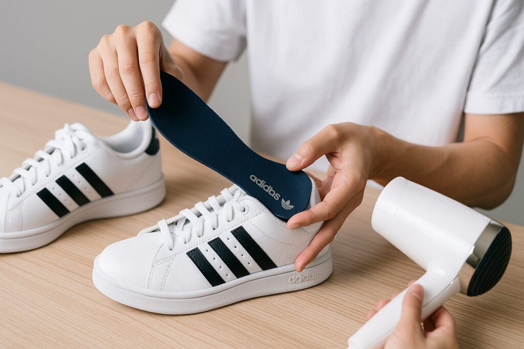 日本人の手が白いアディダスのスニーカーからネイビーの中敷きを取り外している様子。横には同じスニーカーと白いドライヤーが置かれ、明るい木目のテーブル上で自然光に照らされ清潔感ある雰囲気で表現されている。