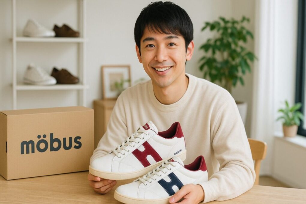 明るい部屋で日本人男性がモーブスのスニーカーを手に持ち、笑顔で座っている様子。テーブルの上にはスニーカーの箱も置かれており、清潔感のある雰囲気が伝わる。