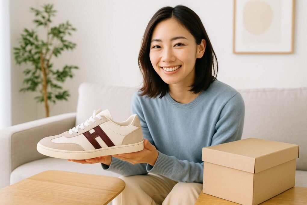 日本人女性がリビングでモーブスのスニーカーを手に持ち、笑顔で座っている様子。清潔感のある明るい雰囲気で、横長16:9構図の写真。