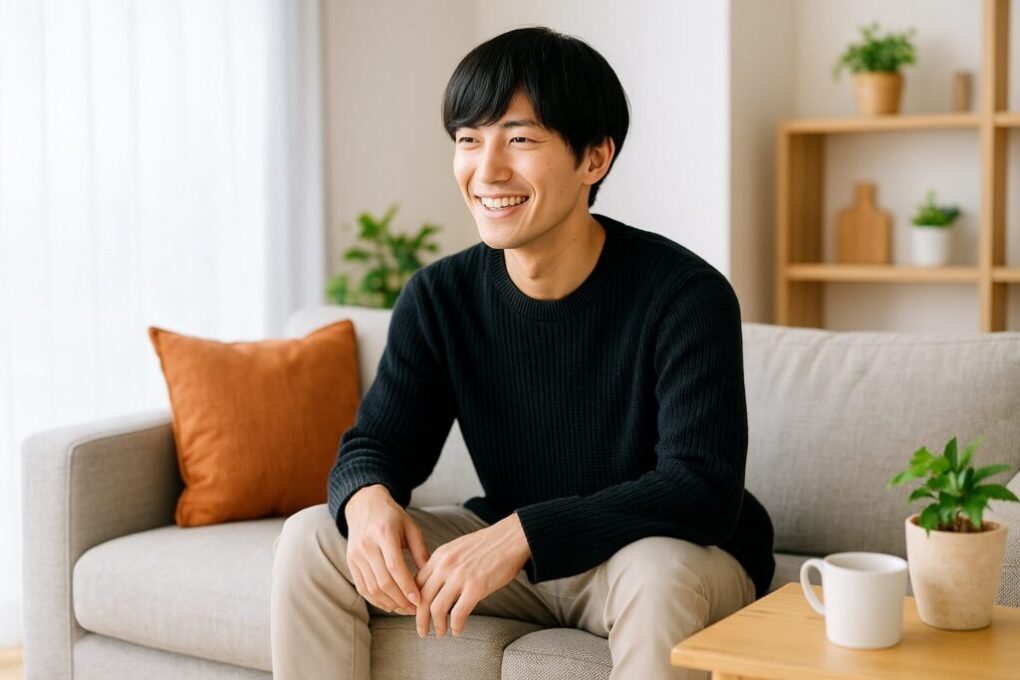 日本人男性が明るいリビングでリラックスしながら座っている様子。清潔感があり自然な雰囲気で、横長16:9構図の写真。