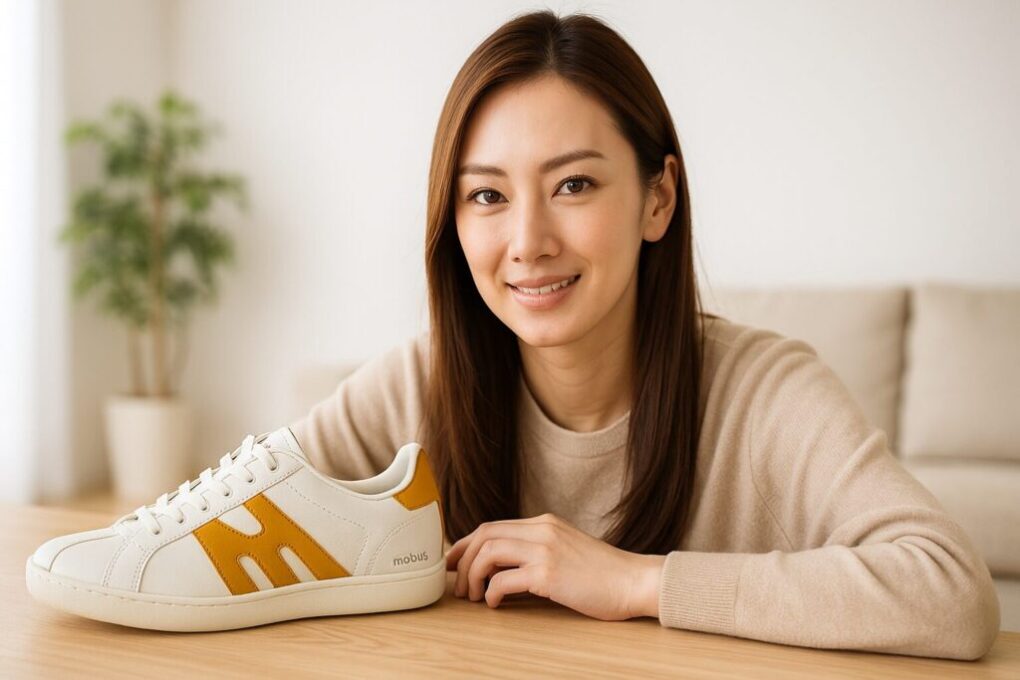 日本人女性が室内でモーブスのスニーカーを手に置き、笑顔で座っている様子。明るく清潔感のある雰囲気で横長16:9構図の写真。