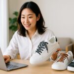 白いシャツを着た日本人女性が、太い靴紐のついた白いスニーカーを手に持ち、テーブル上のノートパソコンを見ながら笑顔を見せている。隣には黒と茶色の靴紐のスニーカーも置かれている。