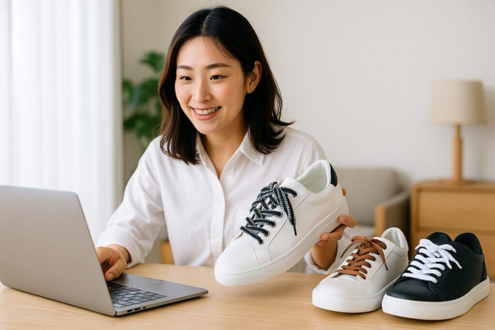 白いシャツを着た日本人女性が、太い靴紐のついた白いスニーカーを手に持ち、テーブル上のノートパソコンを見ながら笑顔を見せている。隣には黒と茶色の靴紐のスニーカーも置かれている。